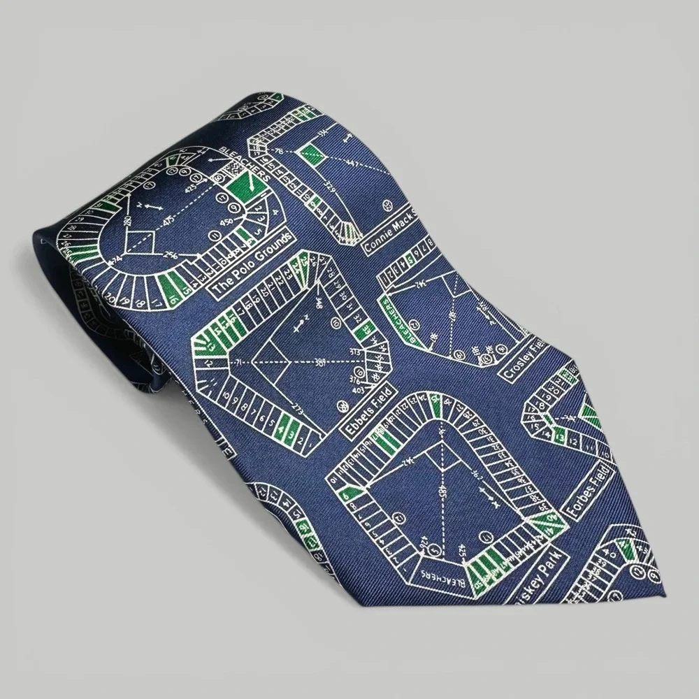 Josh Bach Mens Silk Tie Historic Baseball Stadium‎ Blueprints Navy Ebbets Field